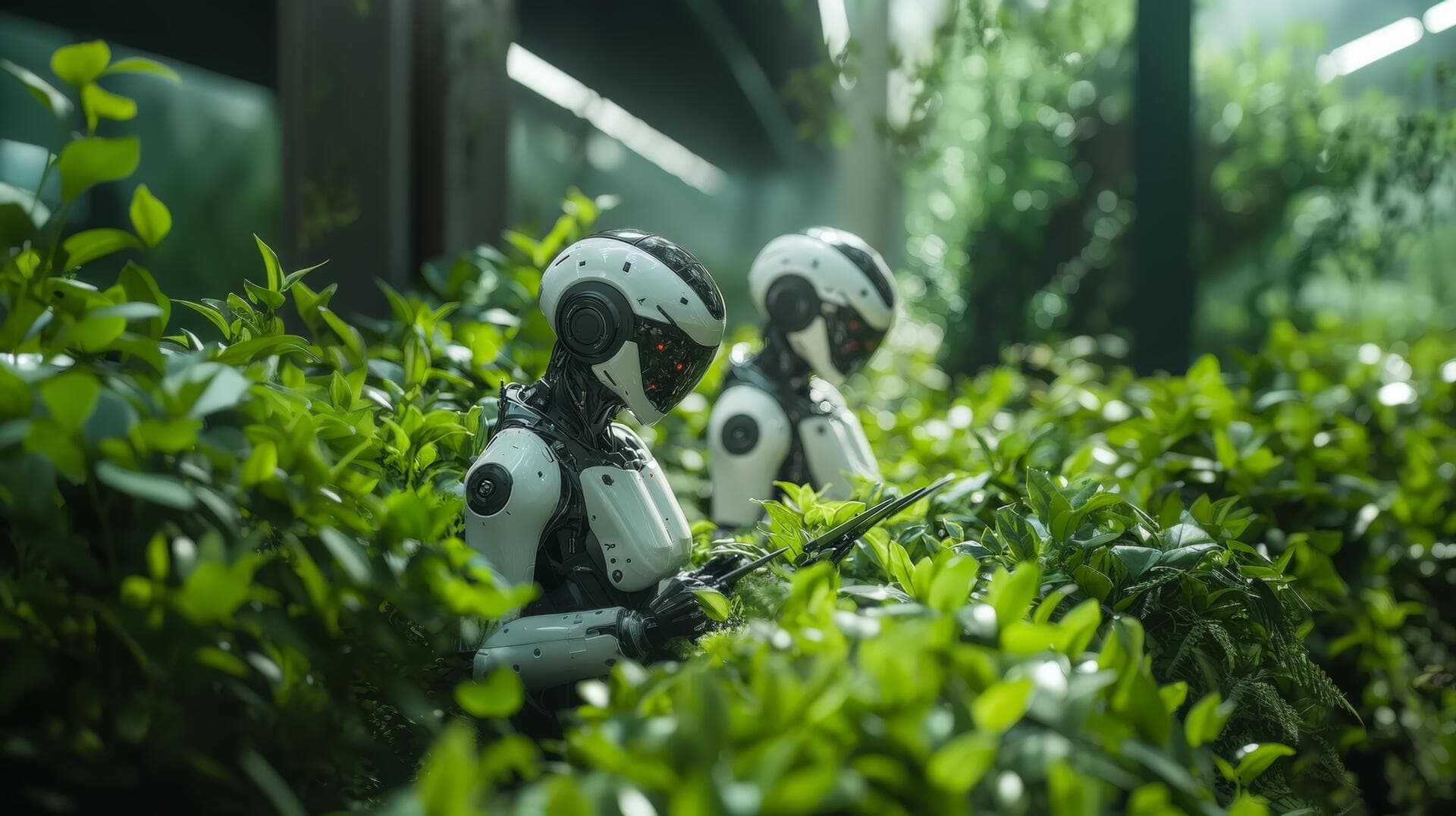 Futuristic robots tending to plants in a sustainable garden
